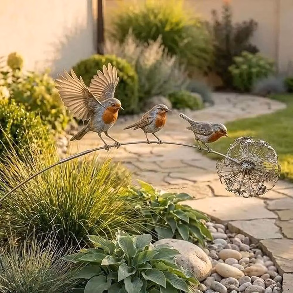 NESTLUNE Rustic Robin Bird Garden Stake, Grey Metal Yard Art Decoration, Height: 100 cm, Width: 15 cm – 2
