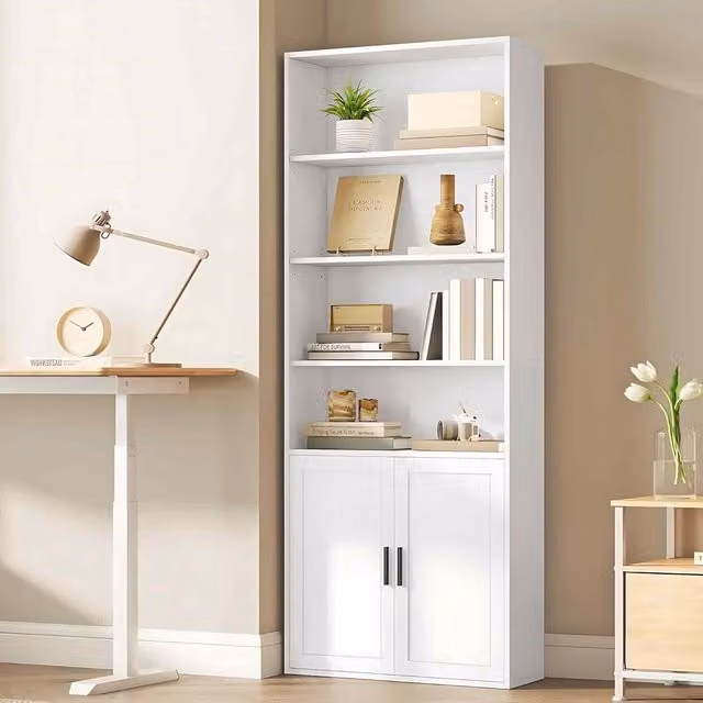 The Bazaarist 6 Tier White Glossy Bookcase with Double Doors and Internal Shelves