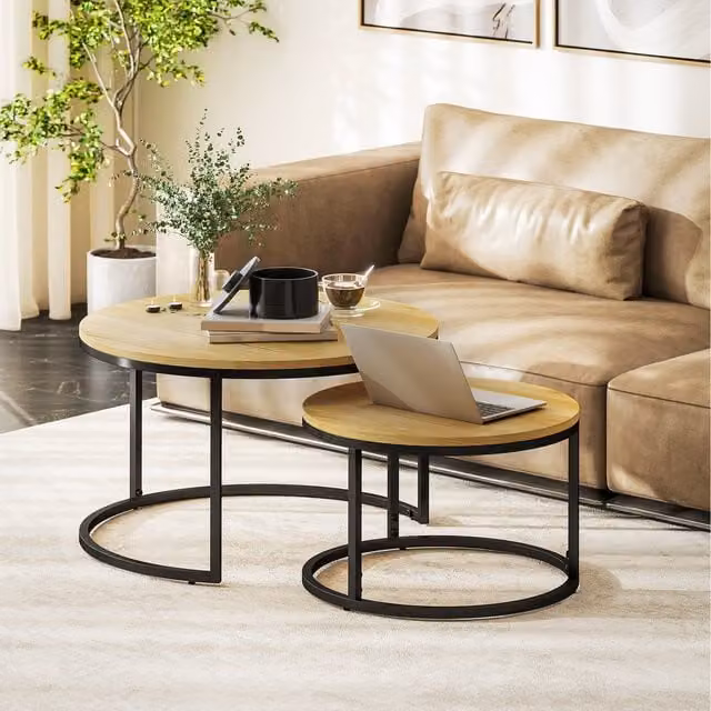 HOMCOM 2 Piece Nesting Coffee Table Set in Brown with Round Wood Tops and Metal Sled Base