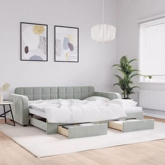 Berkfield Home Daybed with Trundle and Drawers in Light Grey Velvet, W/D/H: 90 x 190 cm – 1