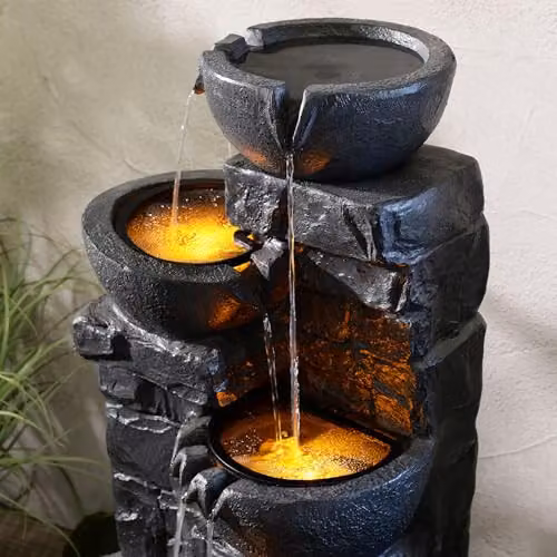 Teamson Home 4 Tier Cascading Bowl Outdoor Water Feature with Warm LED Lights, Dark Grey, W/D/H: 39.5 x 39.5 x 82.5 cm – 6