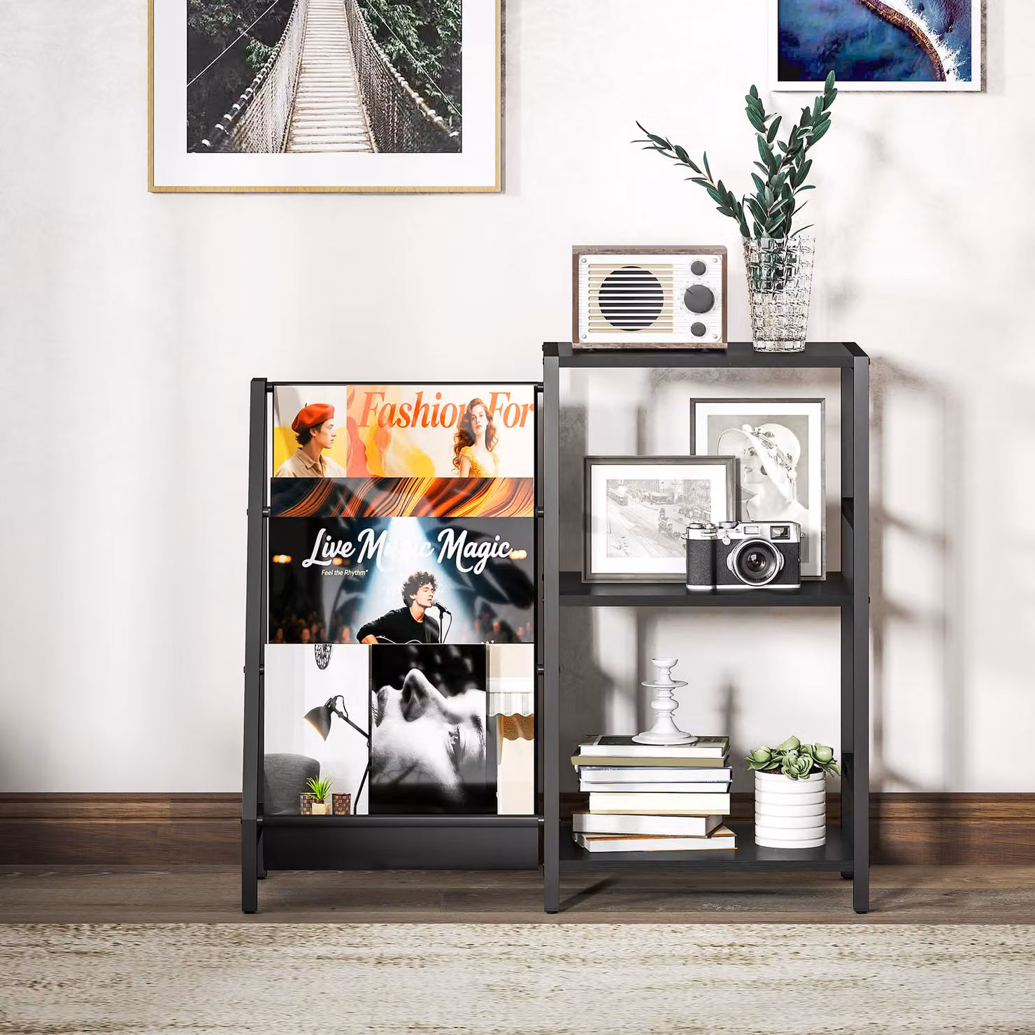 HOMCOM 3-Tier Record Player Stand and End Table in Black Wood Effect – 6