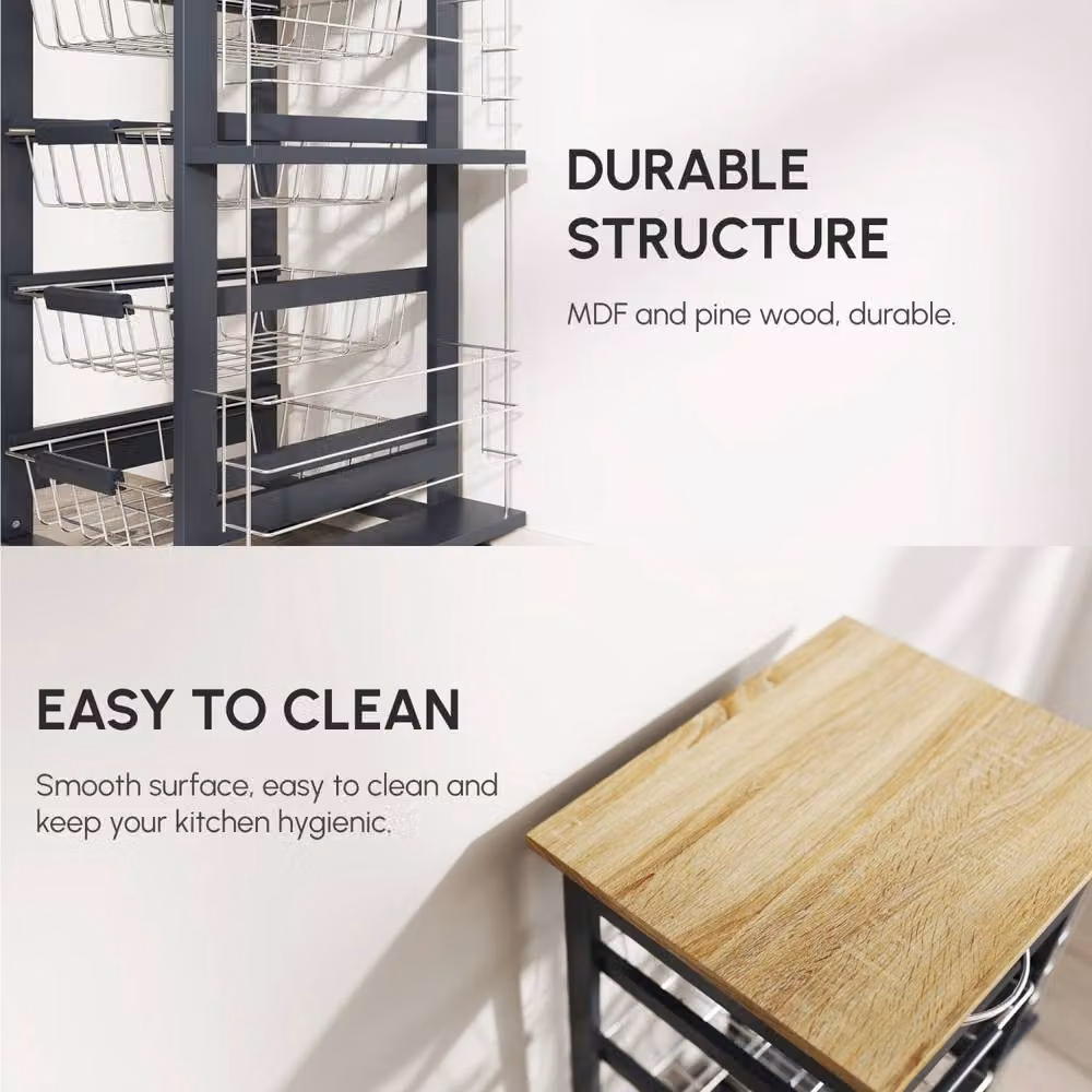 Wyld Haus Nerake Grey Rolling Kitchen Cart with 4 Metal Basket Drawers and Side Racks, H 83 cm x W 47 cm x D 37 cm – 7