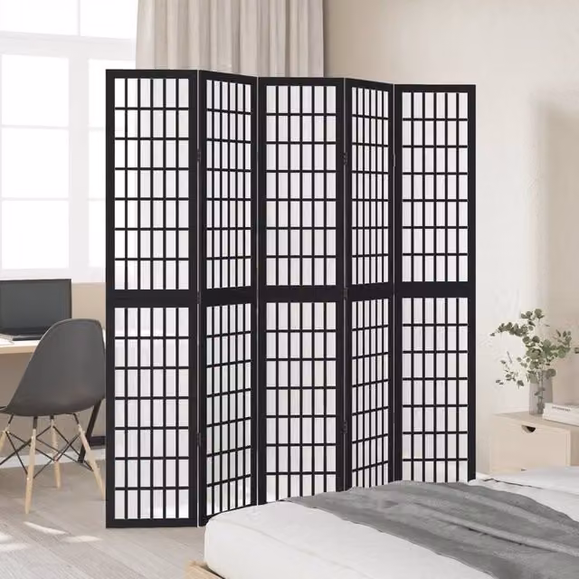 Berkfield Home 5 Panel Room Divider in Black Solid Paulownia Wood, H 175 cm x W 200 cm
