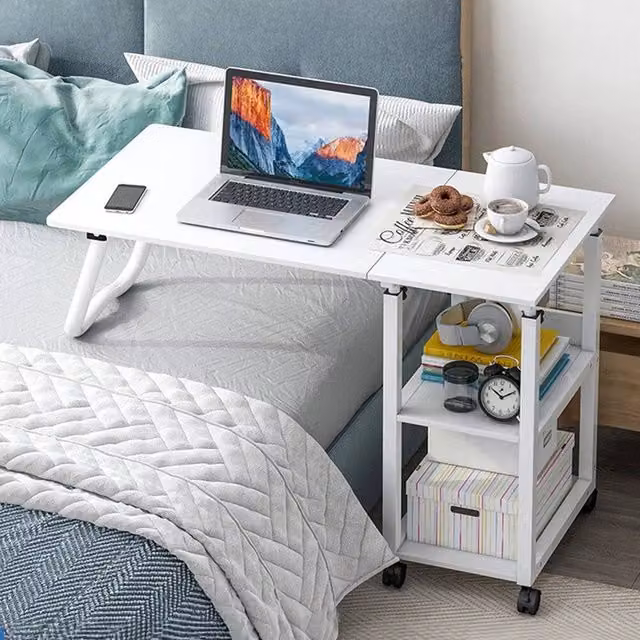 SPETLEK 2 in 1 Mobile Over Bed Table and Folding Desk in White