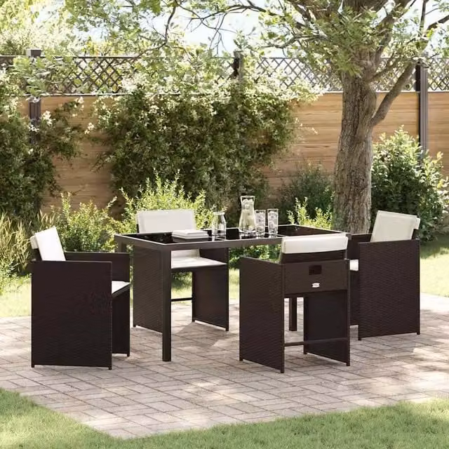 Berkfield Home 5 Piece Brown Poly Rattan Garden Dining Set with Steel and Glass Details