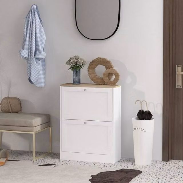 PAWNORA White Narrow Shoe Cabinet with 2 Tilting Compartments and Adjustable Internal Shelves – 1