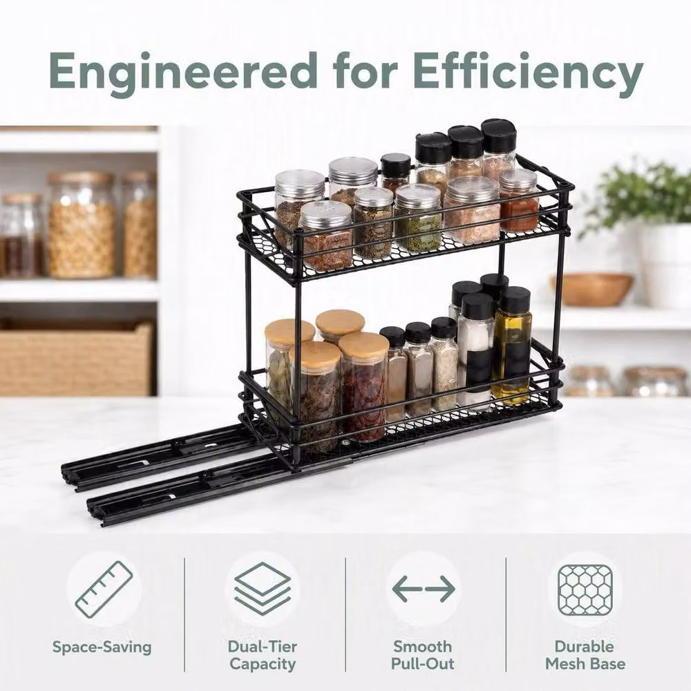 Kelvenix 2-Tier Metal Pull Out Spice Rack with Sliding Shelf in Black – 5