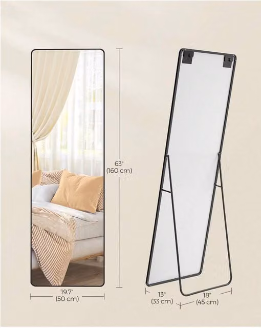 SONGMICS Full Length Freestanding Floor Mirror in Black, Rectangular Glass and Metal Design, H 160 x W 50 x D 1 cm