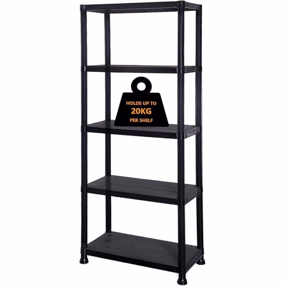FLAVORA 5 Tier Plastic Home Storage Shelving Unit, Black, W/D/H: 60 x 30 x 172 cm – 4