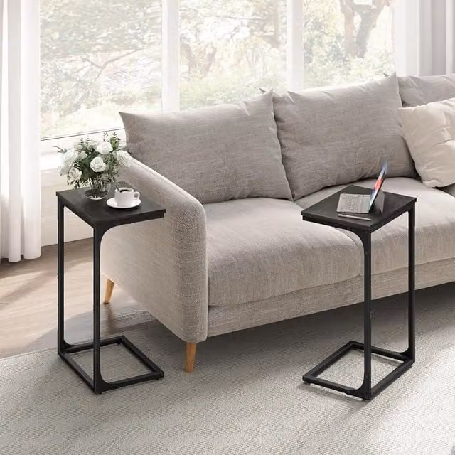 VASAGLE Set of 2 C-Shaped Industrial Side Tables with Metal Frame in Black