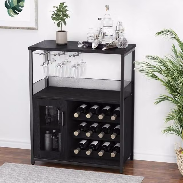 VOGREX Modern Black Wine and Coffee Cabinet with Glass Doors and Removable Wine Rack, H 91.44 cm x W 69.09 cm x D 40 cm