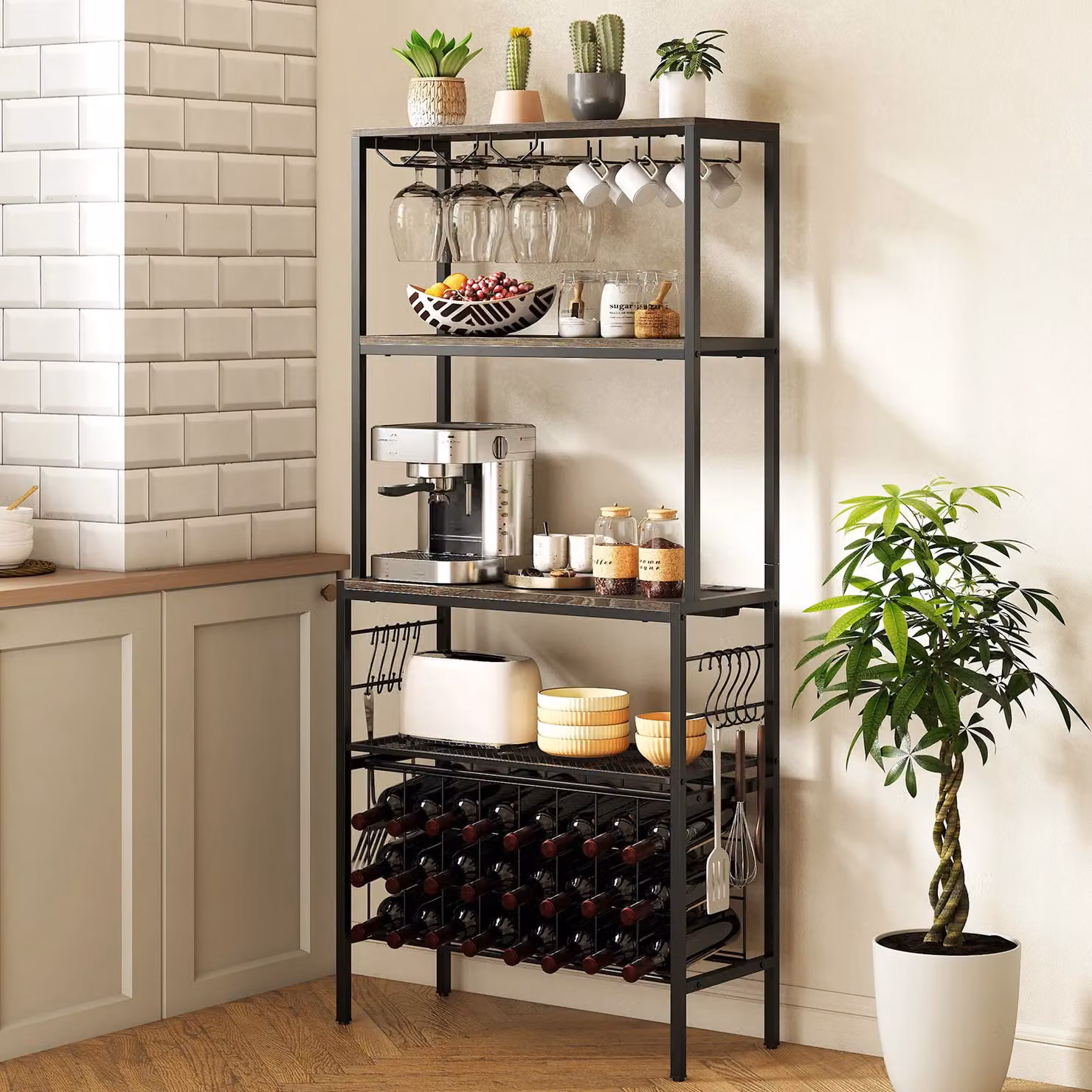 Costway Multi-Tier Wine Organizer Bar and Bakers Rack with Power Outlet in Grey – 5
