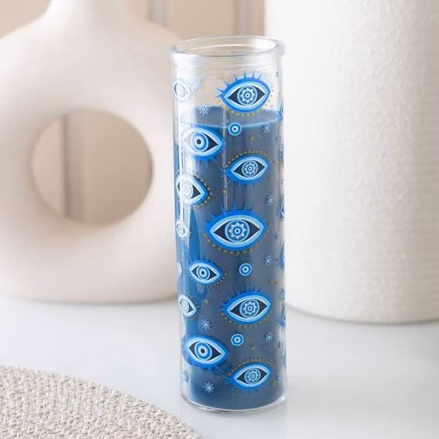 Uniqueful All Seeing Eye Print White Rose Taper Candle in Navy and Blue
