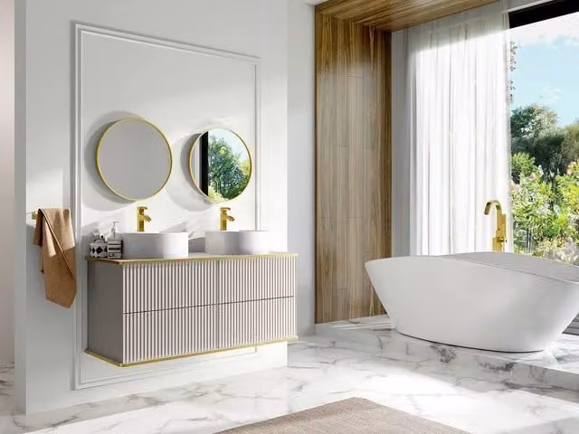 Vente-unique Suspended Striped Bathroom Cabinet with Gold Trim and Double Round Doors in Beige, White and Gold, W/D/H: 120 x 47 x 54 cm – 1