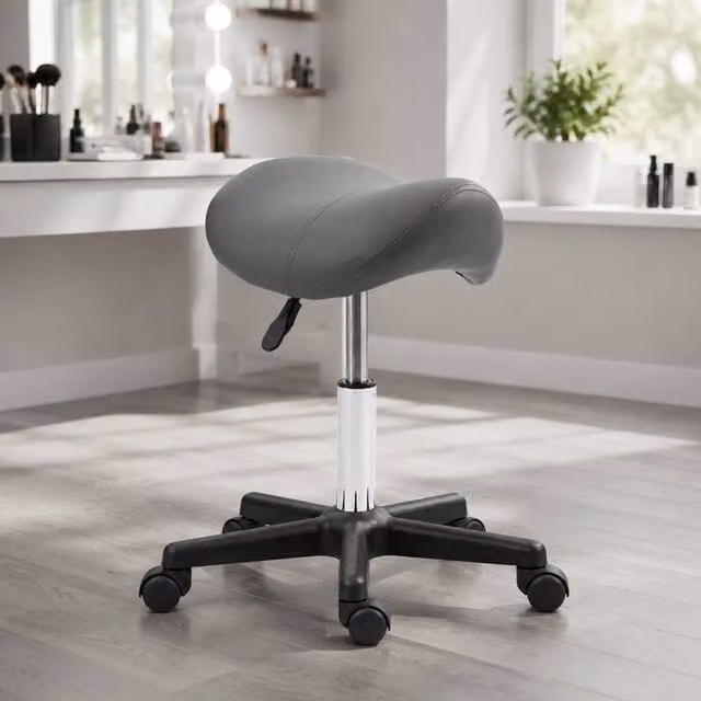 STILVORA Adjustable Rolling Beauty Stool in Grey with Synthetic Leather and Castors
