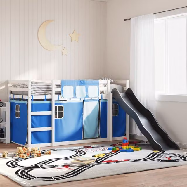 Berkfield Home Childrens Bunk Bed with Slide and Curtains in Blue, Solid Pine Wood, W/D/H: 90 x 200 cm