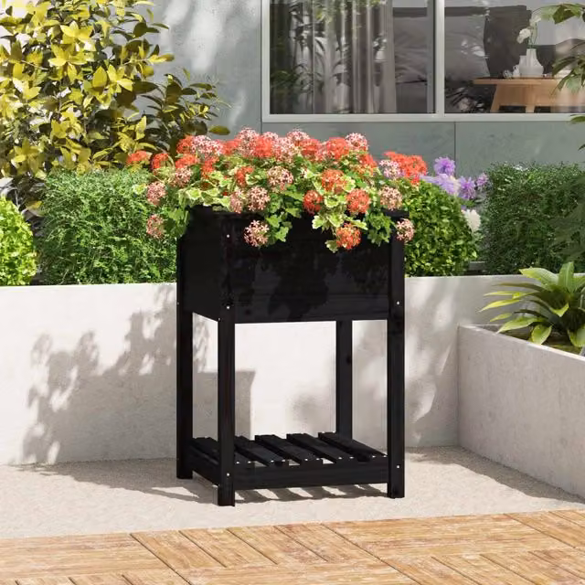 Berkfield Home Planter with Shelf in Black Solid Wood Pine, W/D/H: 54 x 54 x 81 cm – 1