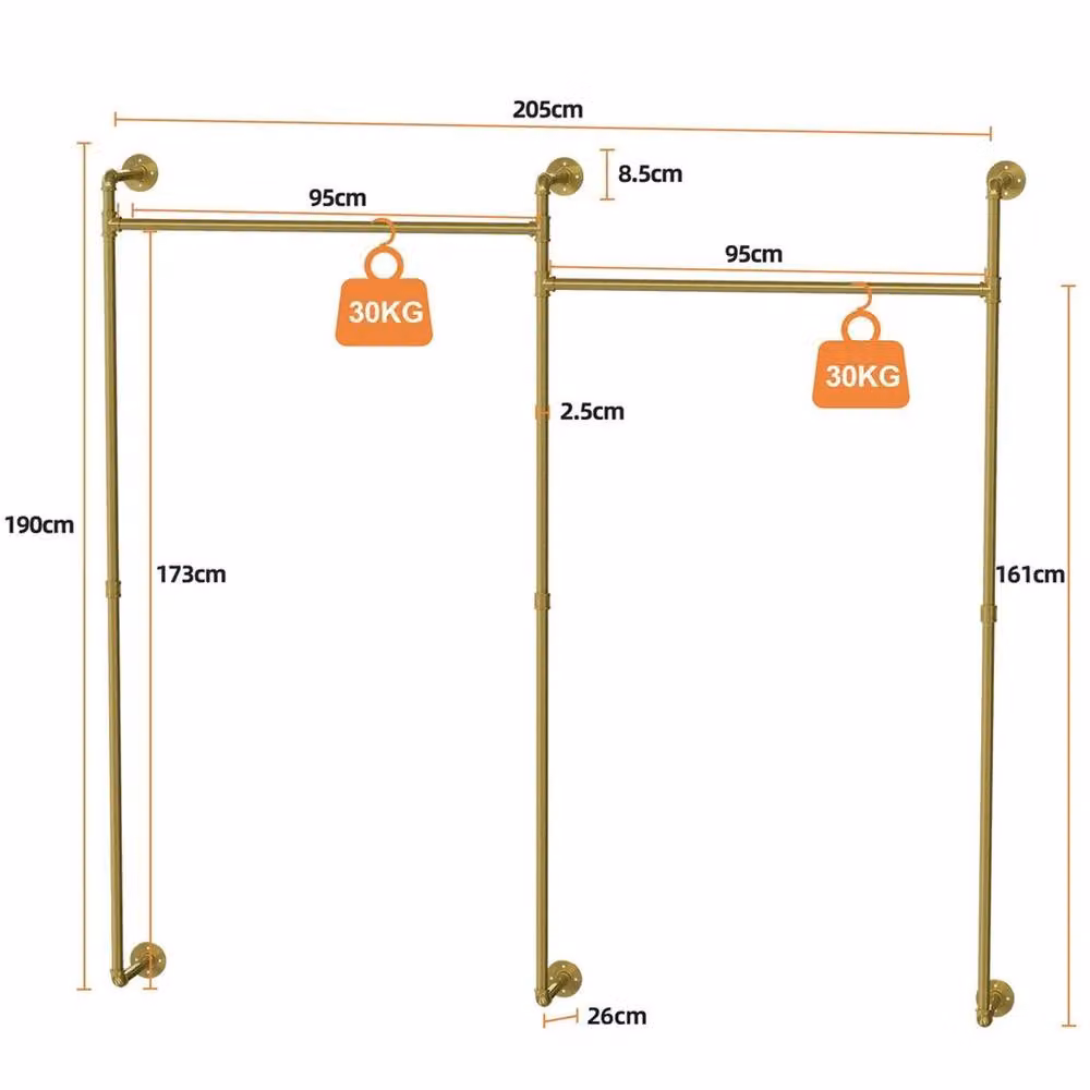 NESTLUNE Wisfor XL Gold Industrial Pipe Wall Mounted Clothes Rail, W: 100 cm, D: 15 cm – 2
