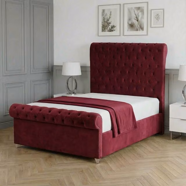 Living Comfort Bedz Regency Sleigh Slatted Base Upholstered Velvet Bed in Red, Size: 180 x 200 cm