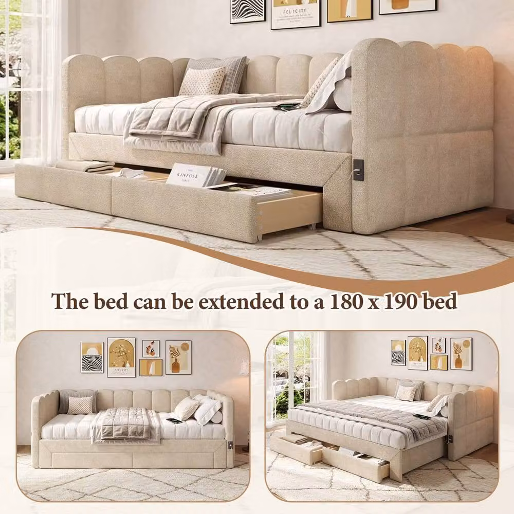 Merax Beige Upholstered Extendable Daybed with 2 Storage Drawers and USB Charging Ports, W/D/H: 90 x 190 cm – 3