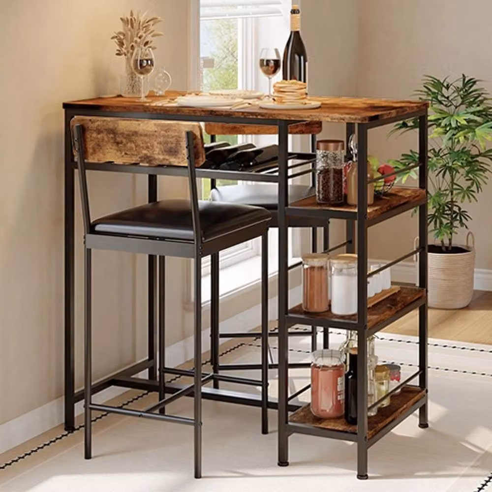 VOGREX 3-Piece Dining Table Set with 2 Upholstered Bar Stools in Brown – 5
