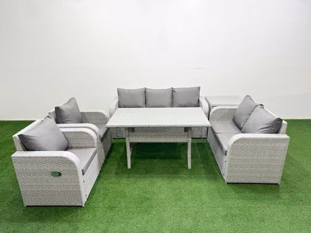 Fimous PE Rattan Garden Furniture Set in Light Grey with Reclining Chairs, Double Love Seat, Rectangular Dining Table and Side Table