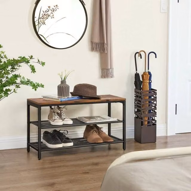 KORVIXA Industrial Shoe Rack with 2 Shelves in Brown and Black, W: 100 cm, H: 90 cm, D: 44.5 cm