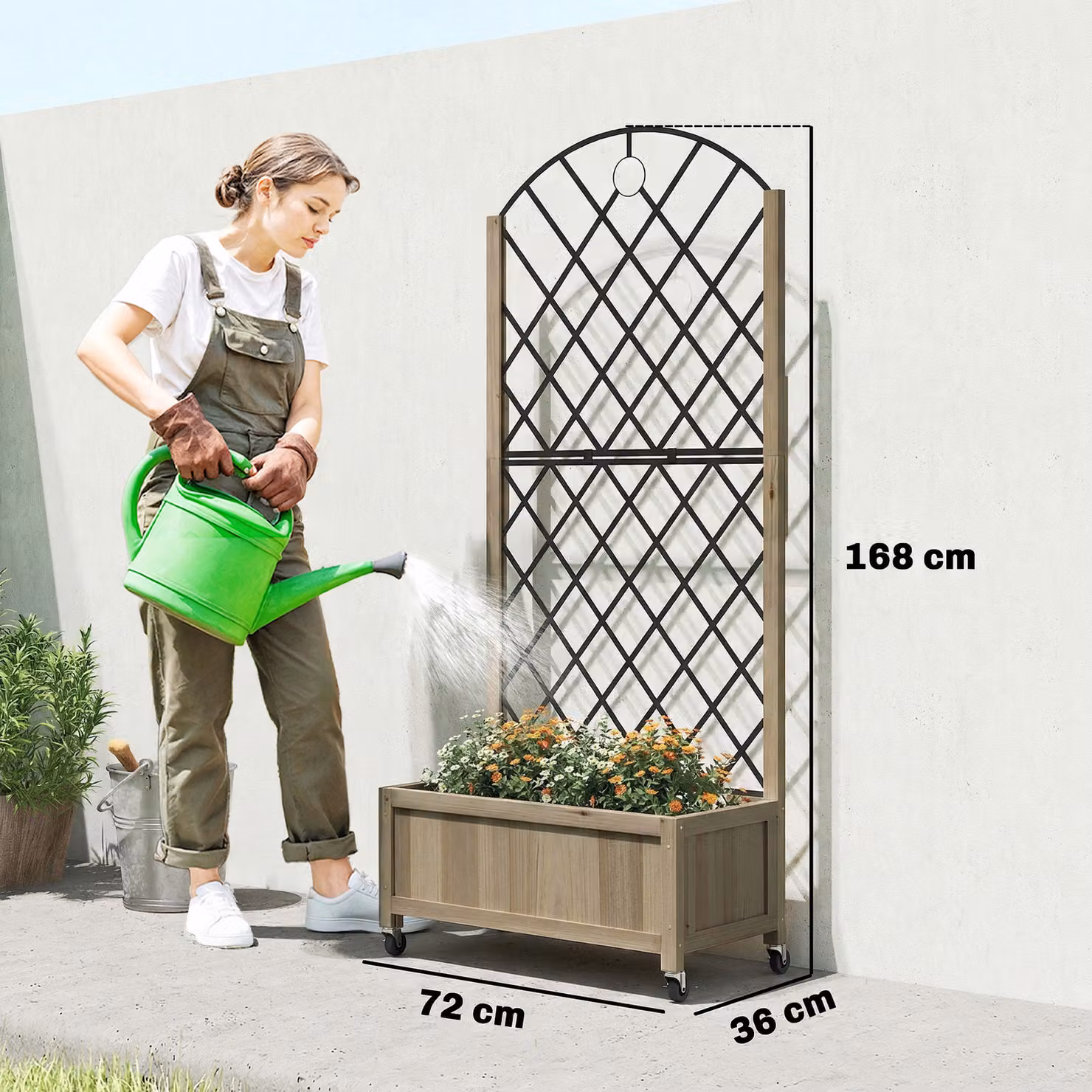 Outsunny Brown Carbonised Wood Raised Garden Bed with Metal Trellis and Lockable Wheels – 3