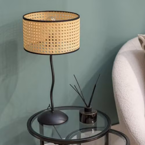 ValueLights Black Metal Wavy Table Lamp with Rattan Trim Shade and 4W Warm White LED Bulb – 2