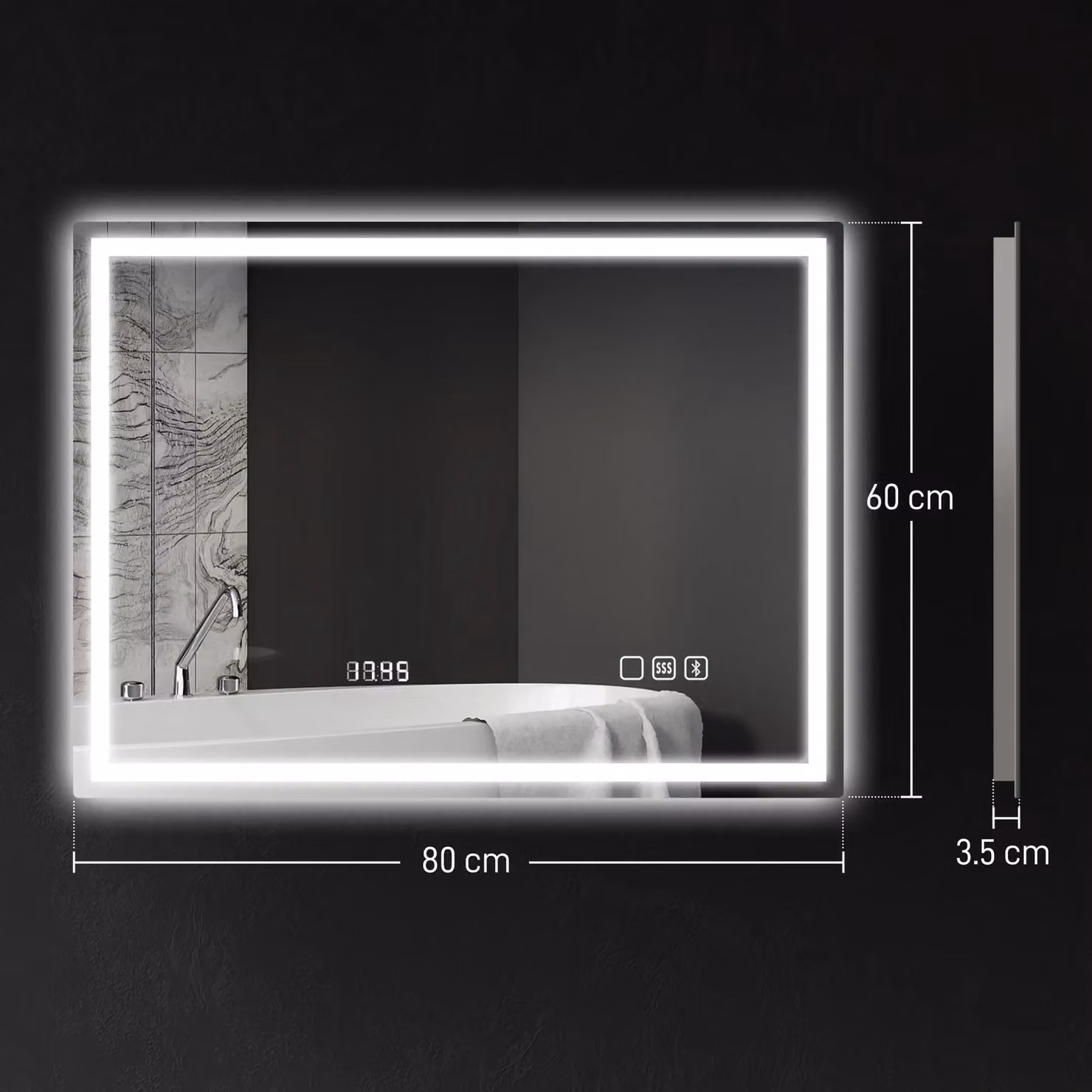 HOMCOM Silver Rectangular Bathroom Mirror with Bluetooth, Clock, LED Lights and Demister Pad, W: 80 cm, H: 60 cm – 3