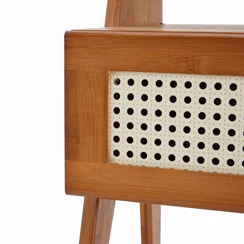 VOGREX Boho Wood and Rattan Bedside Table with Drawer in Brown and Multicolour – 3