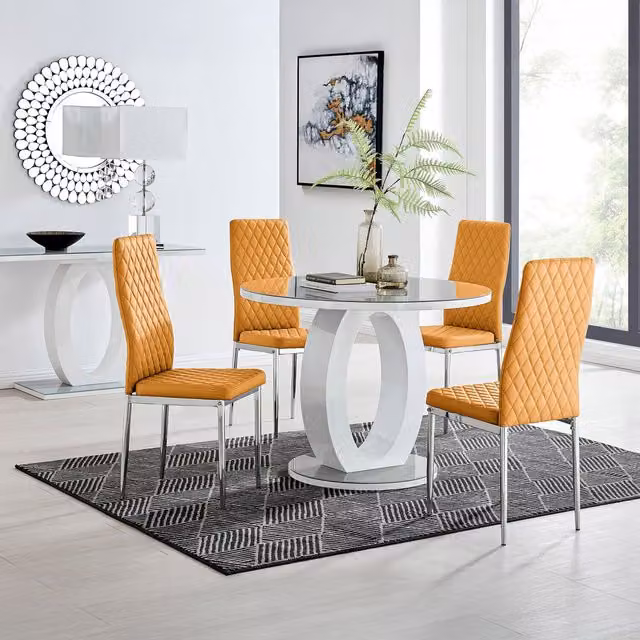 FurnitureboxUK Giovani Round Grey Glass Dining Table and 4 Milan Mustard Chairs Set, Diameter: 120 cm