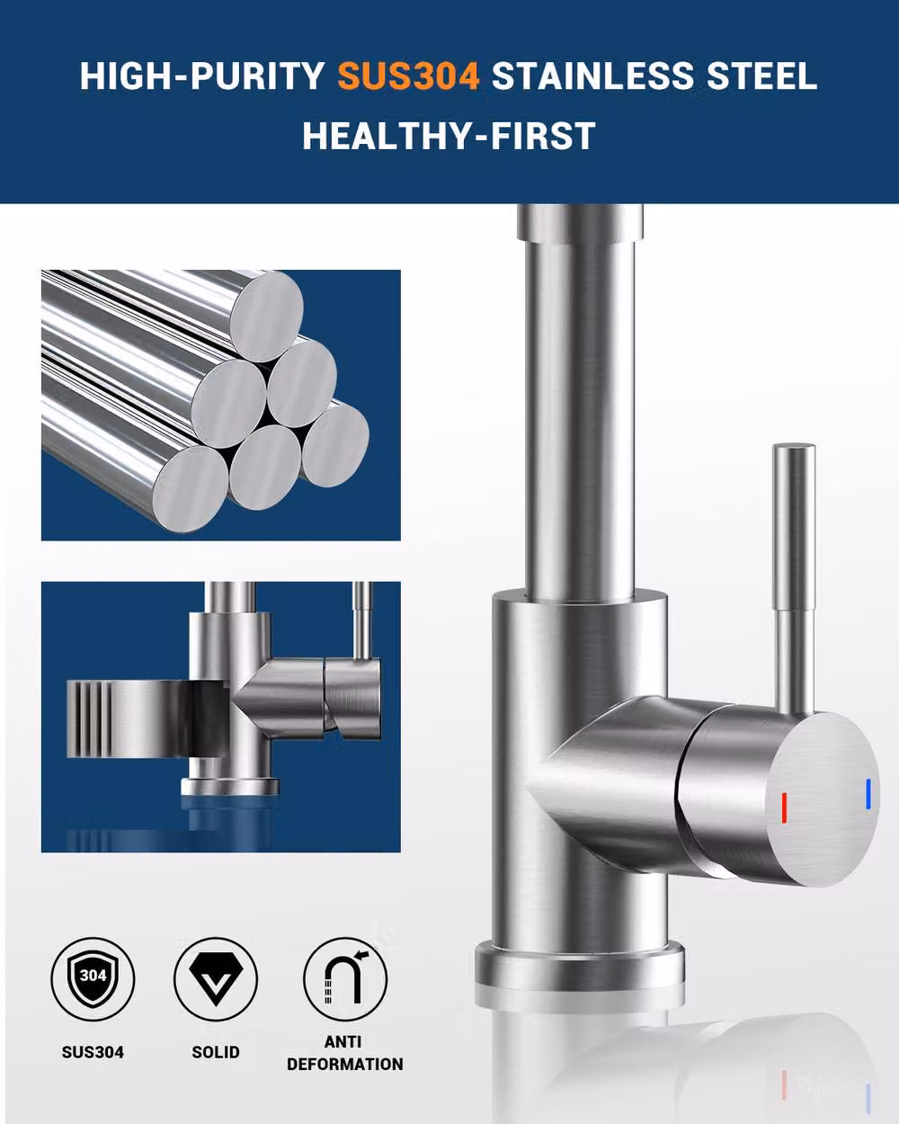 UHU Brushed Steel Kitchen Tap with 360 Degree Swivel Spout and Spray Function, Silver – 3