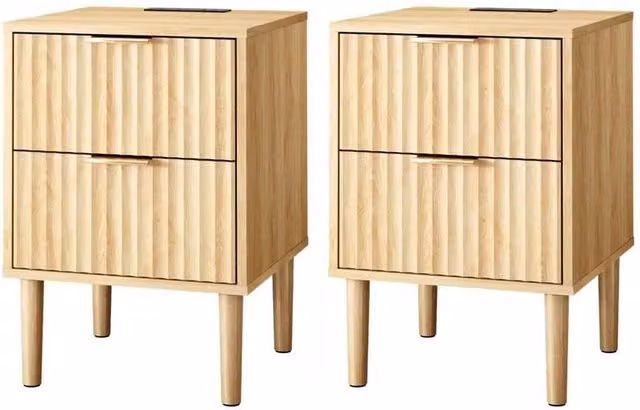 FLAVORA Pair of 2-Drawer Wooden Leg Bedside Cabinets in Light Oak