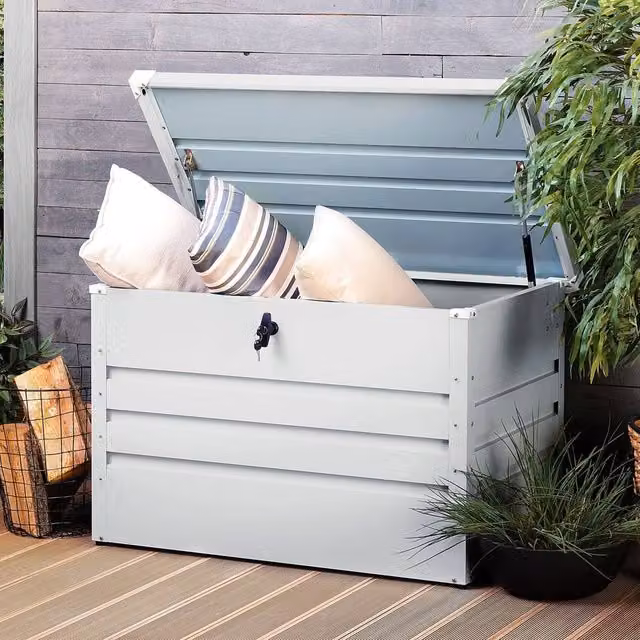 Wyld and Coco 300L Lockable Galvanised Steel Outdoor Storage Box in Light Grey – 1