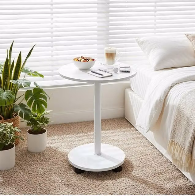 Living and Home Modern Round Side Table with Lockable Castors in White – 1