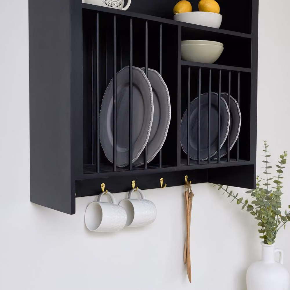 Melody Maison Black Lacquered Wood Wall Mounted Plate Rack with Gold Hooks W/H: 70 x 80 cm – 2