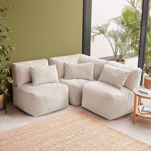 icon Noa 3-Piece Bean Bag Set in Cream Jumbo Cord, including 1x Corner and 2x Recliners