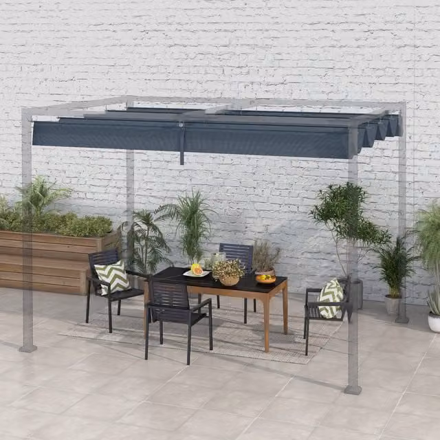 Outsunny Retractable Grey Polyester Pergola Roof with UPF 30 Sun Shade Protection