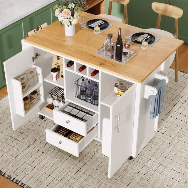 ModernLuxe Kitchen Island on Casters with 2 Drawers and Wine Rack, White – 1