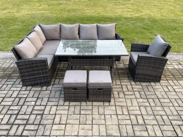 Fimous 9 Seater Garden Rattan Corner Dining Set with 2 Footstools and Armchairs in Dark Grey