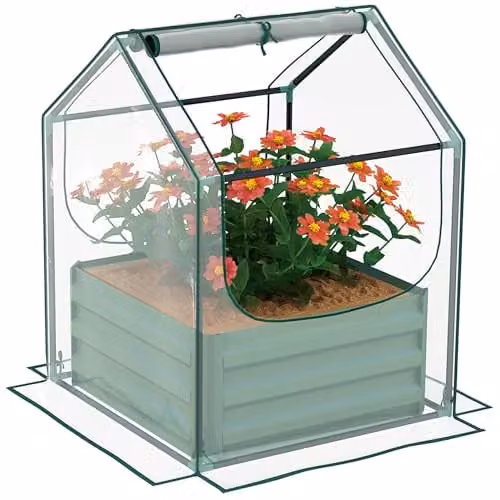 Outsunny Raised Garden Bed with Mini Greenhouse in Green and Transparent – 1
