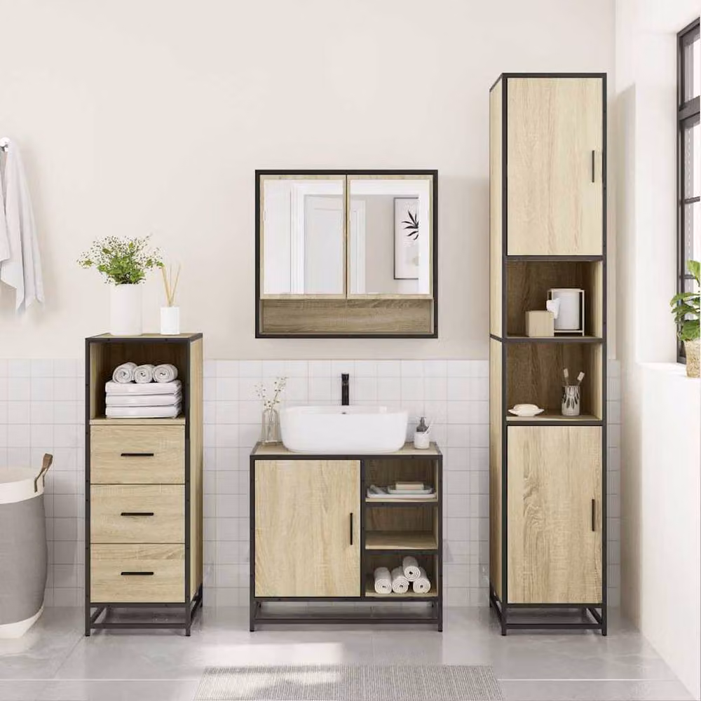 Berkfield Home 3 Piece Industrial Bathroom Furniture Set in Sonoma Oak and Tan – 3