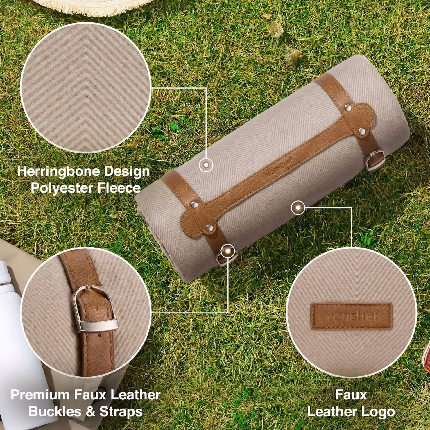 VonShef Beige Herringbone Picnic Blanket with Waterproof Backing and Carry Handle, W/D: 147 x 180 cm – 2