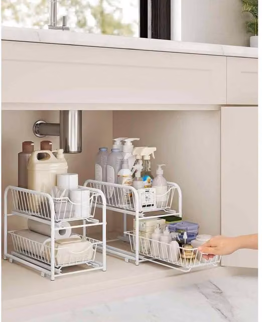 The Bazaarist 2 Tier Under Sink Storage Organizer with Sliding Drawers, White