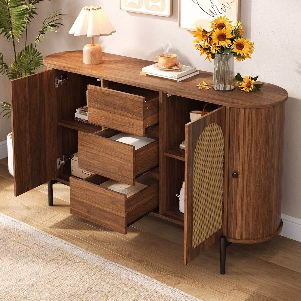 Rolipo Walnut Rattan Sideboard with Sliding Doors, Brown and Black Buffet Cabinet – 5