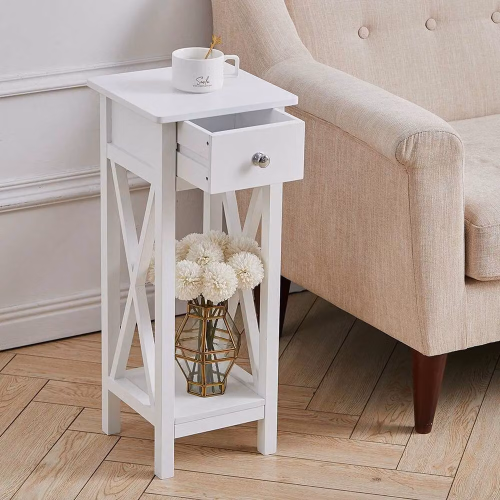 Havendro White Wood Nightstand with Storage Shelf and Drawer – 2