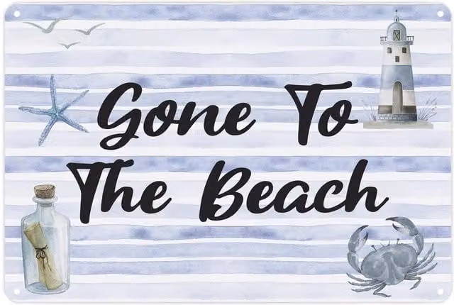Purely Home Gone To The Beach Landscape Metal Wall Plaque in Blue and White
