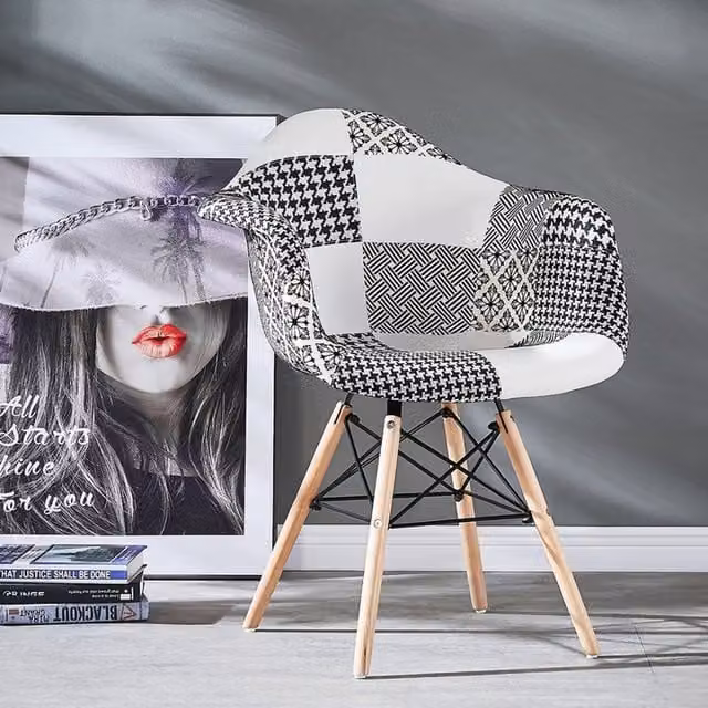 Life Interiors Set of 6 Chrono Patchwork Eiffel Tub Dining Chairs in Black, White and Multicolour with Wooden Legs and Metal Frame – 3
